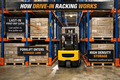 Forklift entering drive-in racking