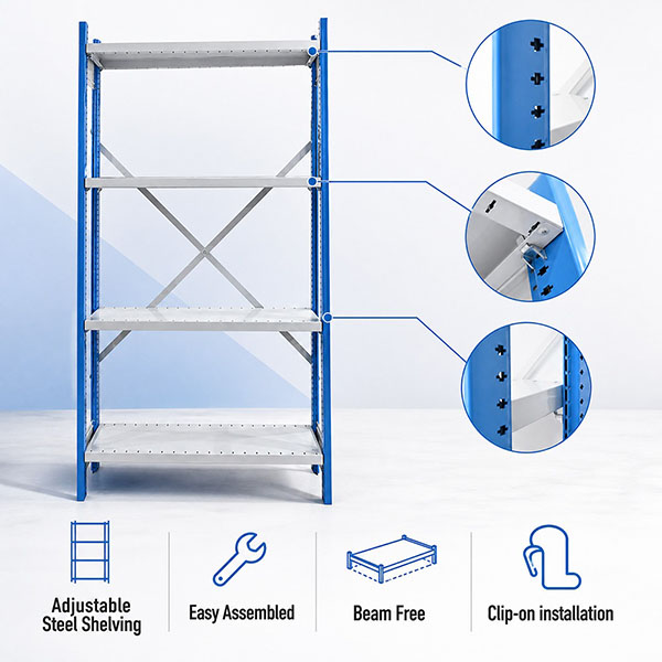 Slotfix Boltless Shelving System with beamless steel shelves, slotted uprights and clip-on connections