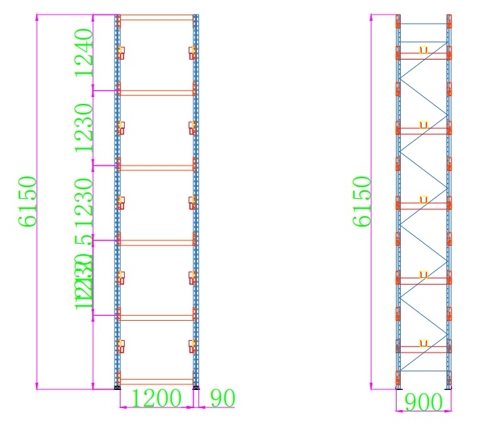 Multi-level roll storage rack structural drawing with dimensions